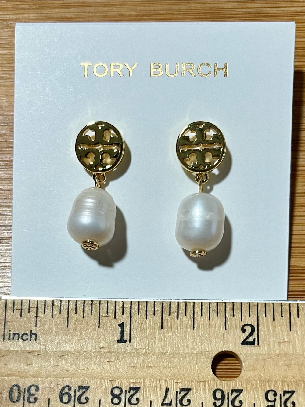 Tory Burch Gold Tone Logo White Pearl Drop Earrings Moondance
